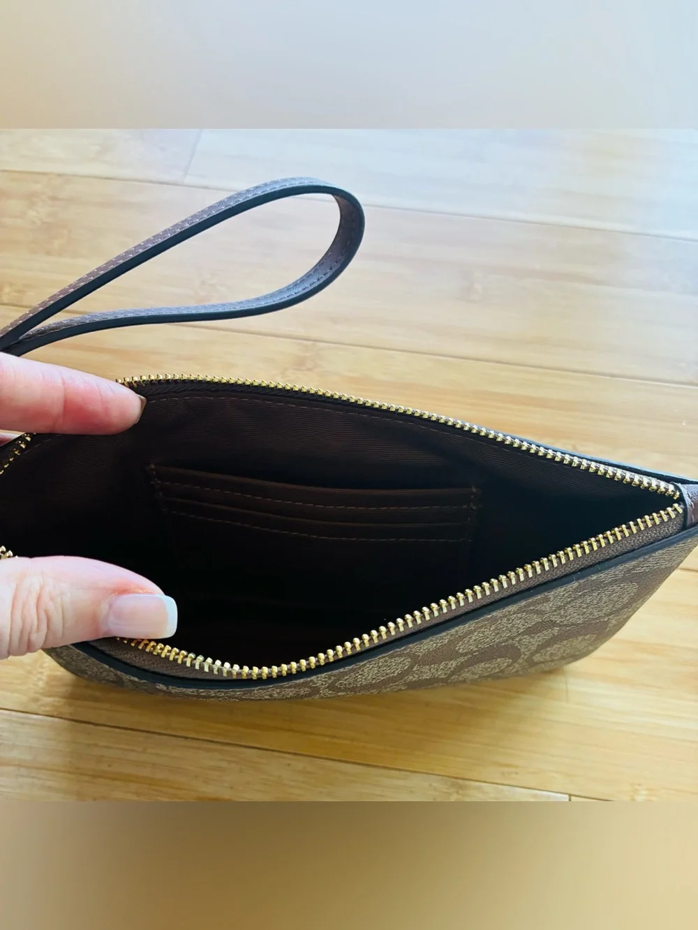 Coach Brown Signature Canvas Large Wristlet with Gold Logo